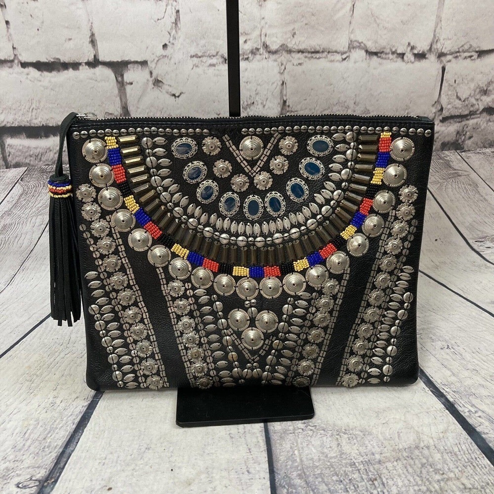 Cleobella Clutch embellished Black Leather‎ Tassel Closure 12 X 10 Boho